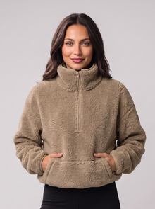 Women's fleece half-zip jumper in khaki with kangaroo pocket