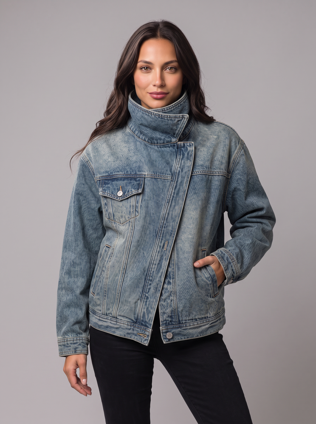 Woman wearing oversized washed blue denim jacket closed with tall turtleneck-style collar, relaxed pose