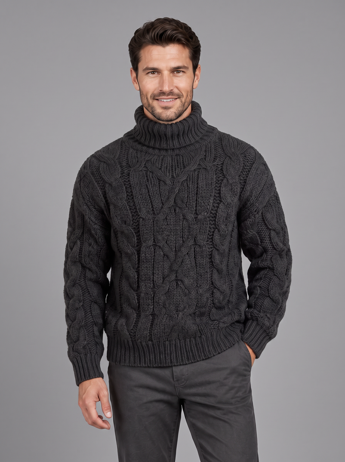 Men's chunky cable knit roll neck jumper in black
