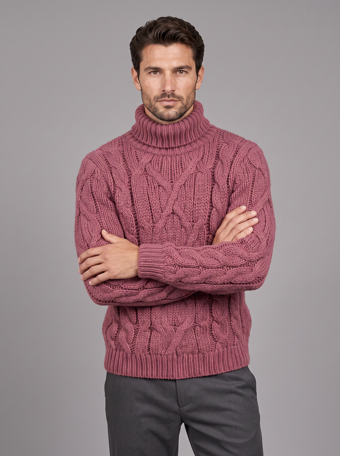 Men's chunky cable knit roll neck jumper in red