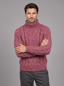 Men's chunky cable knit roll neck jumper in red