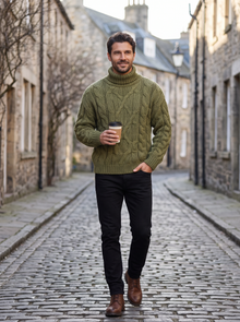 Man walking on a stone street in green cable knit roll neck jumper holding a coffee