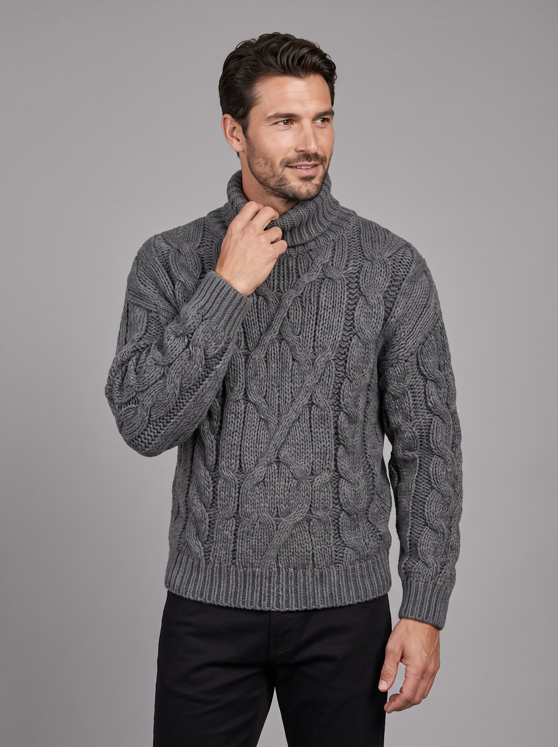 Men's chunky cable knit roll neck jumper in grey