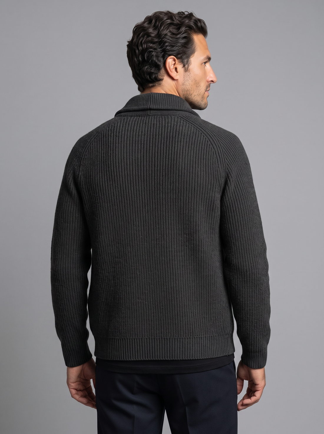 Man wearing grey ribbed knit tailored button-front cardigan with shawl collar, front view