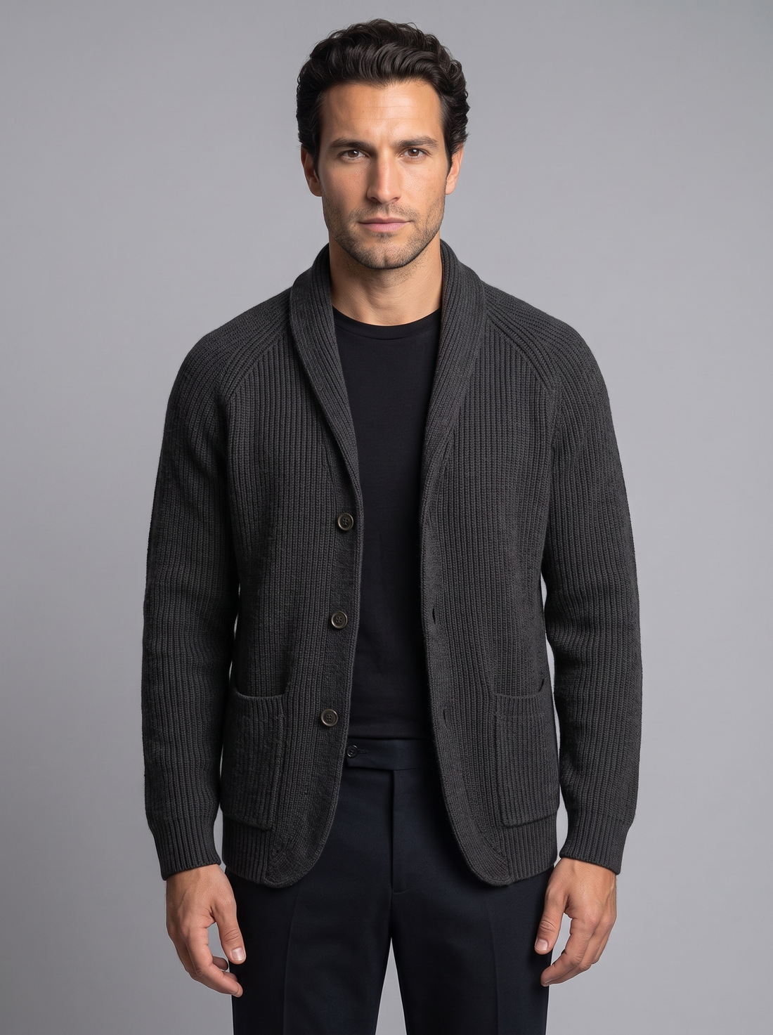 Man wearing grey ribbed knit tailored button-front cardigan with shawl collar, front view