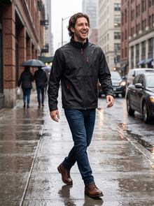 Man walking in the rain on a city street in black waterproof jacket