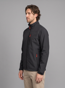 Side view of black waterproof rain jacket with zip pockets