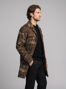 Side view of brown camouflage cargo trench coat