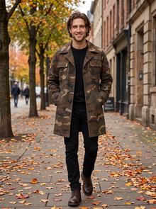 Man walking an autumn street in brown camo trench coat