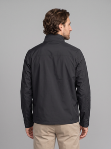 Back view of men's black waterproof rain jacket