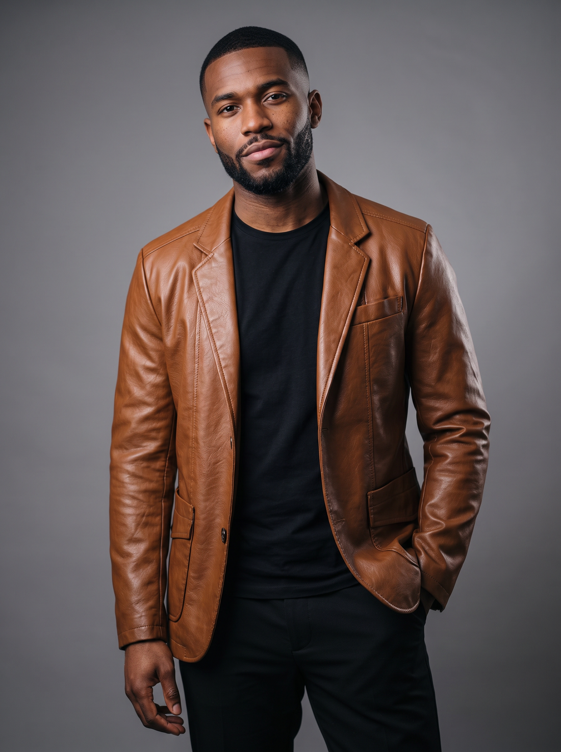 Man wearing cognac brown leather jacket with notch lapel, front view