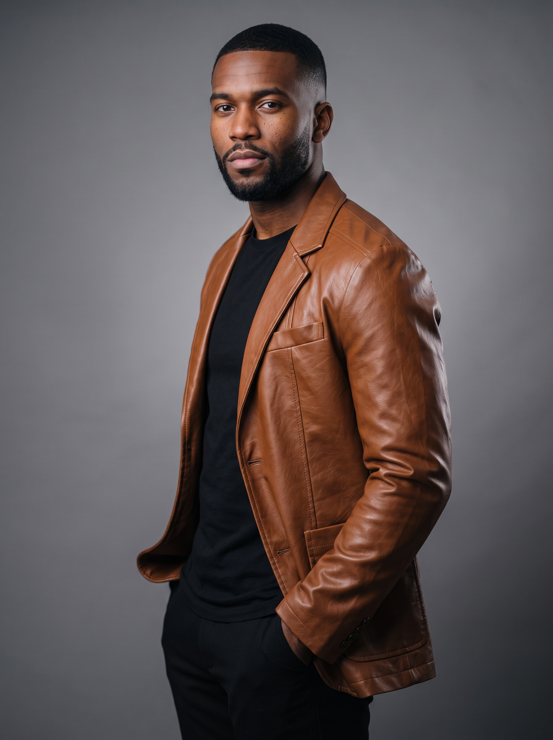 Side view of men's cognac leather jacket with flap pockets