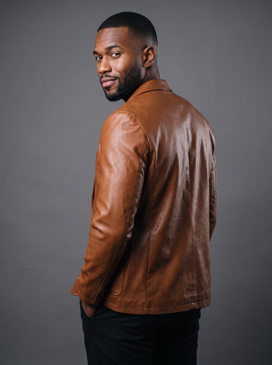 Man wearing cognac brown leather jacket with notch lapel, front view