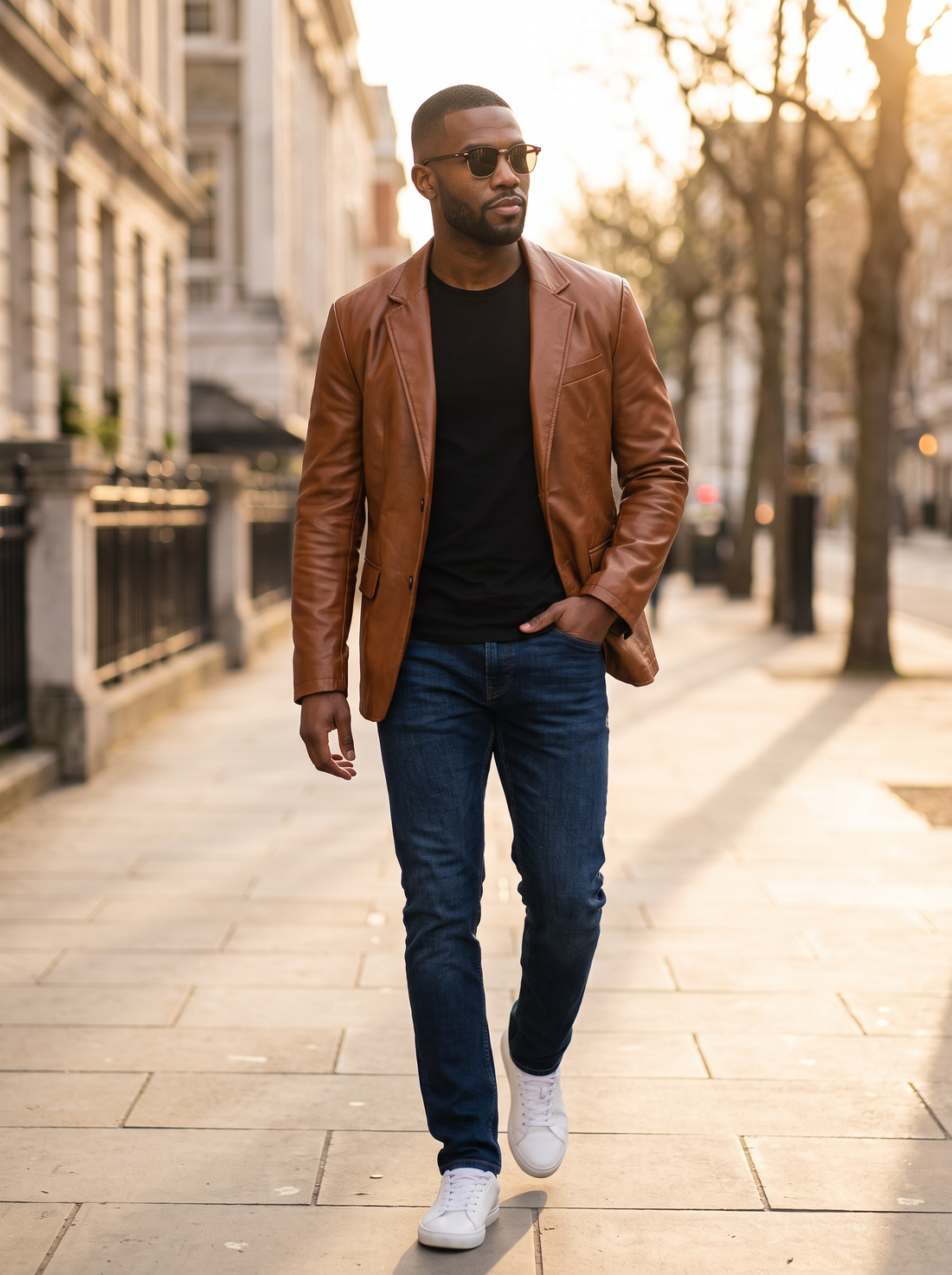 Man walking a city street at golden hour in cognac leather jacket