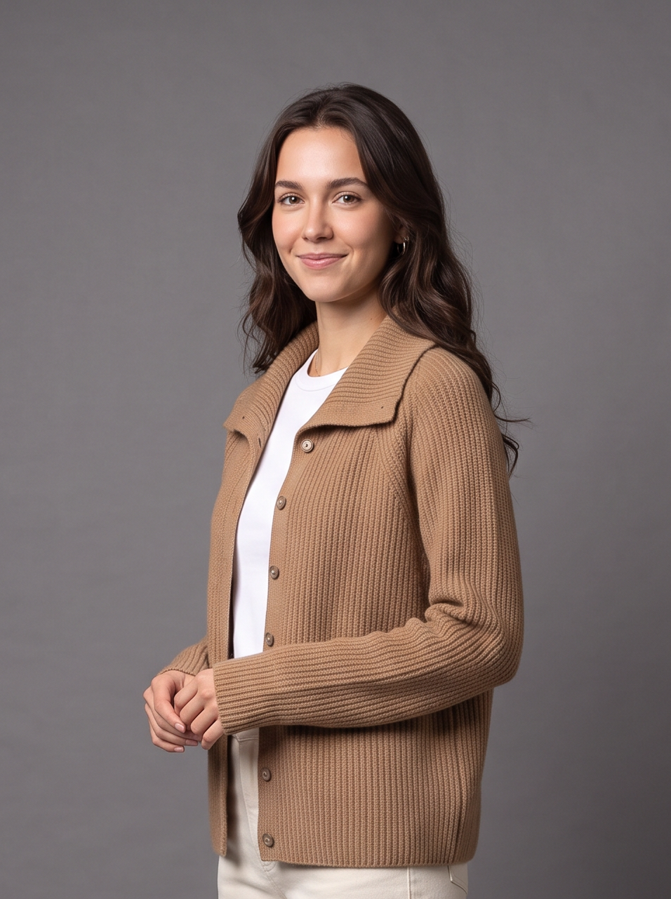 Camel wool cashmere knit cardigan, side view