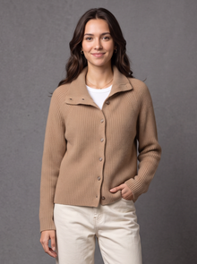 Woman wearing camel wool cashmere knit cardigan with funnel collar, front view