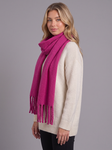 Magenta tassel wrap scarf, side view