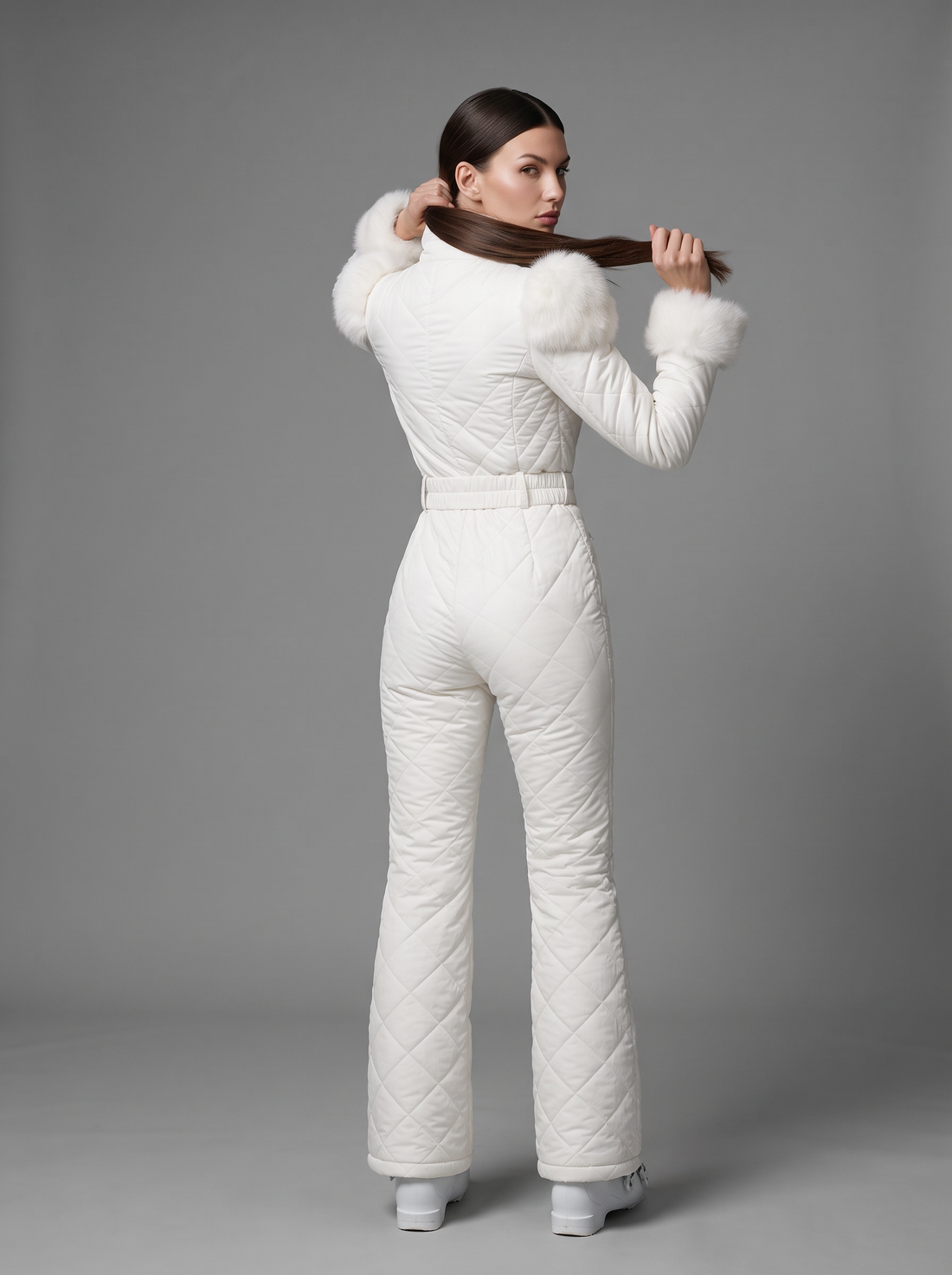 White quilted ski suit with fur shoulder trim, back view