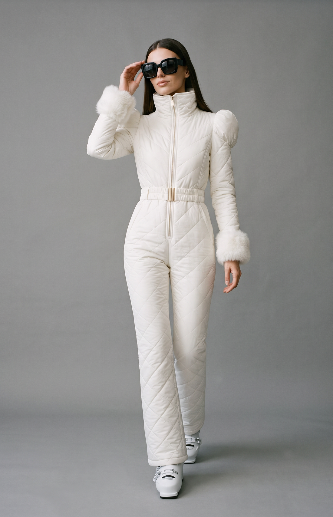 Woman in white quilted ski suit with sunglasses walking toward camera