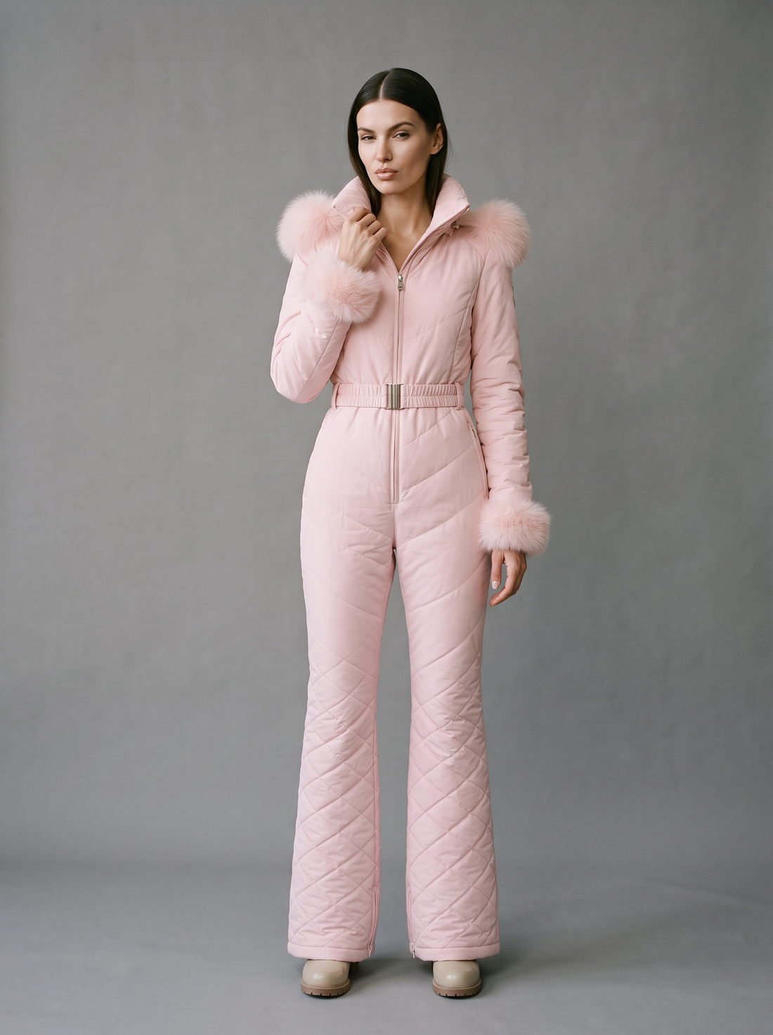 Woman wearing pink quilted one-piece ski suit with fur trim