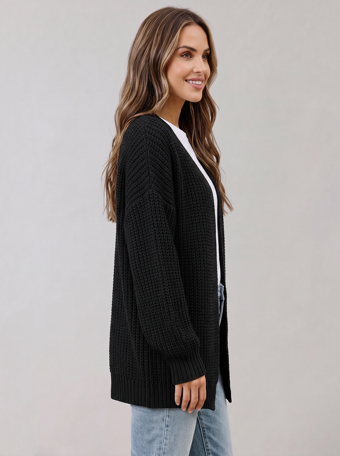 Women's Chunky Knit Cardigan in Black – front view