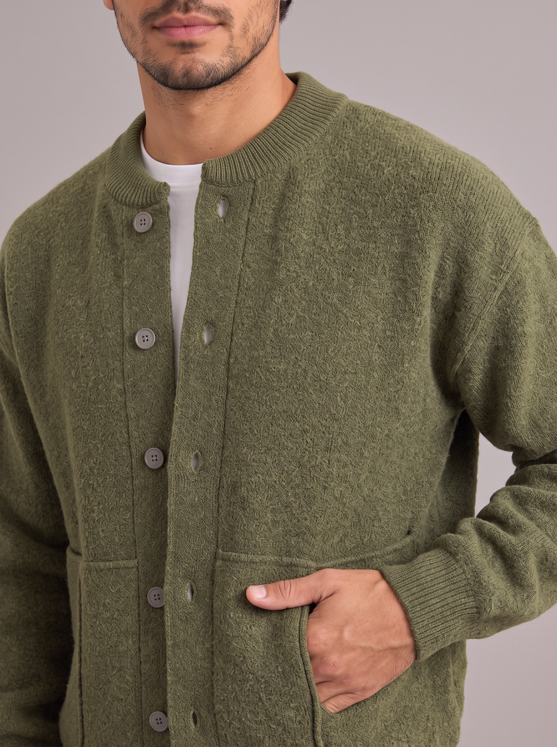 Men's Cardigan – textured knit, buttons and pocket close-up