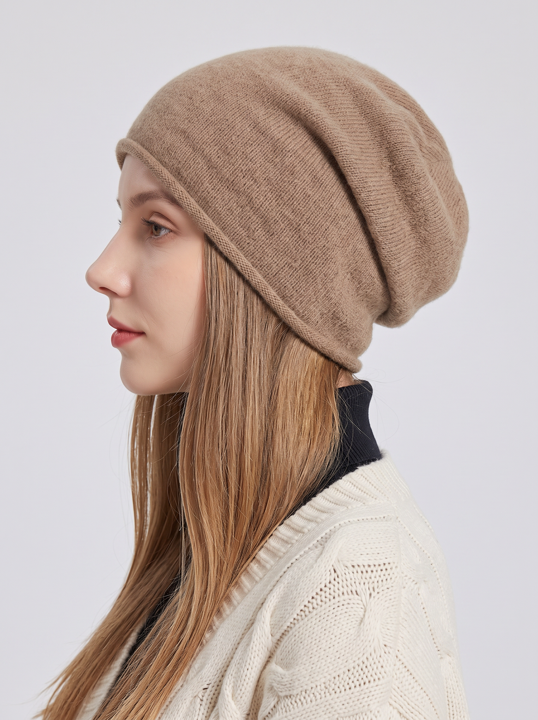 Women's Beanie in Camel – front view