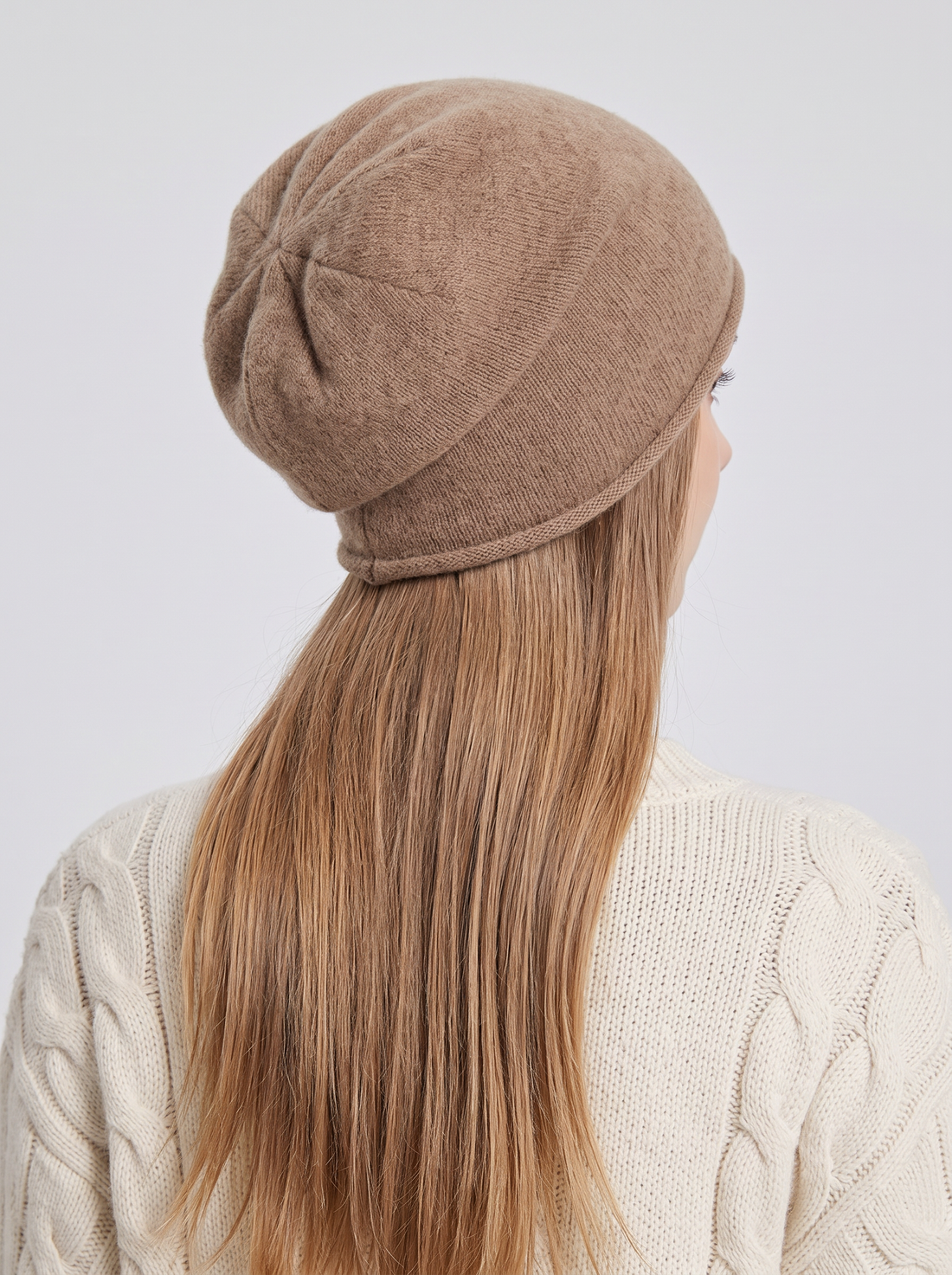 Women's Beanie in Camel – back view
