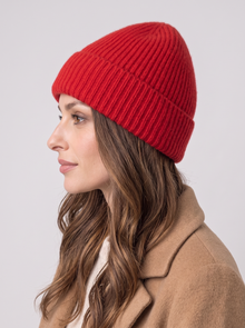Women's Beanie Hat in Red – side view