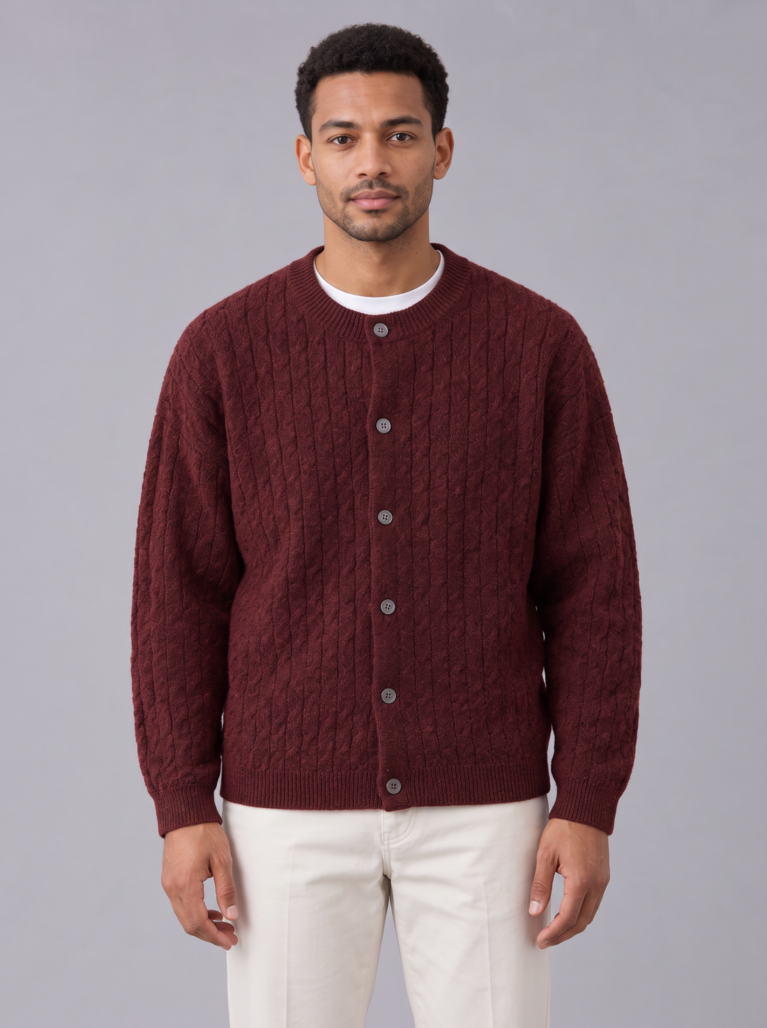 Men's Cable Knit Cardigan in Red – front view