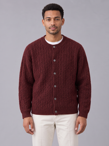 Men's Cable Knit Cardigan in Red – front view