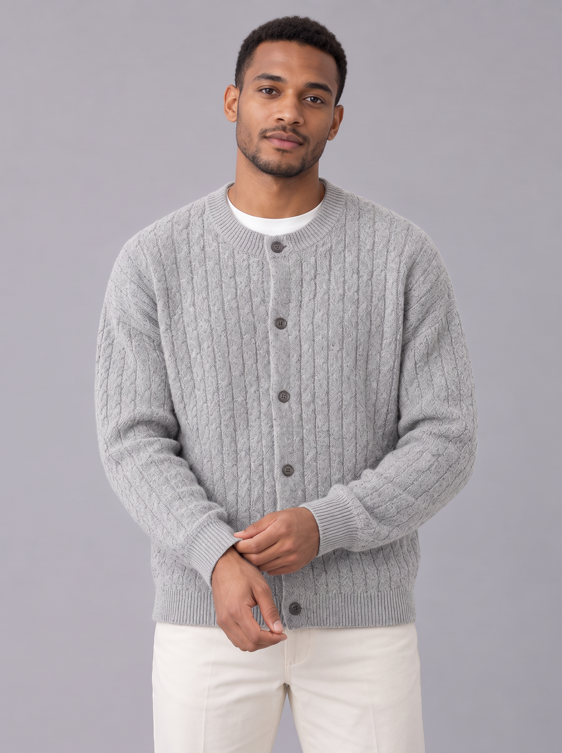 Men's Cable Knit Cardigan in Grey