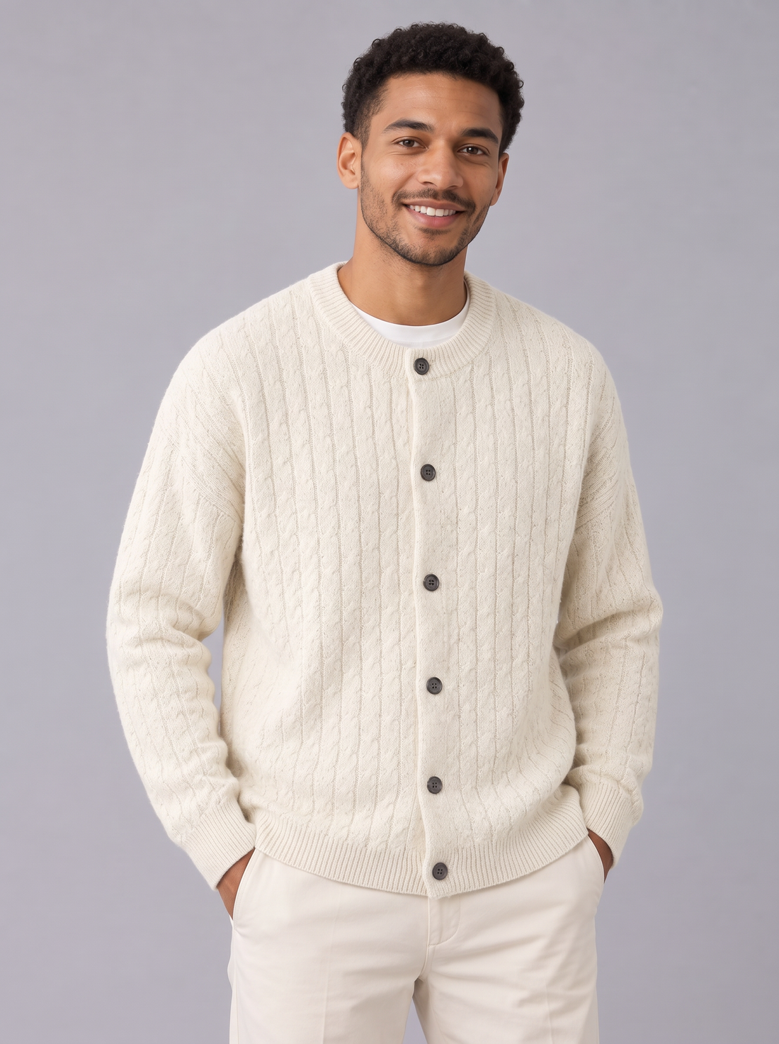 Men's Cable Knit Cardigan in White