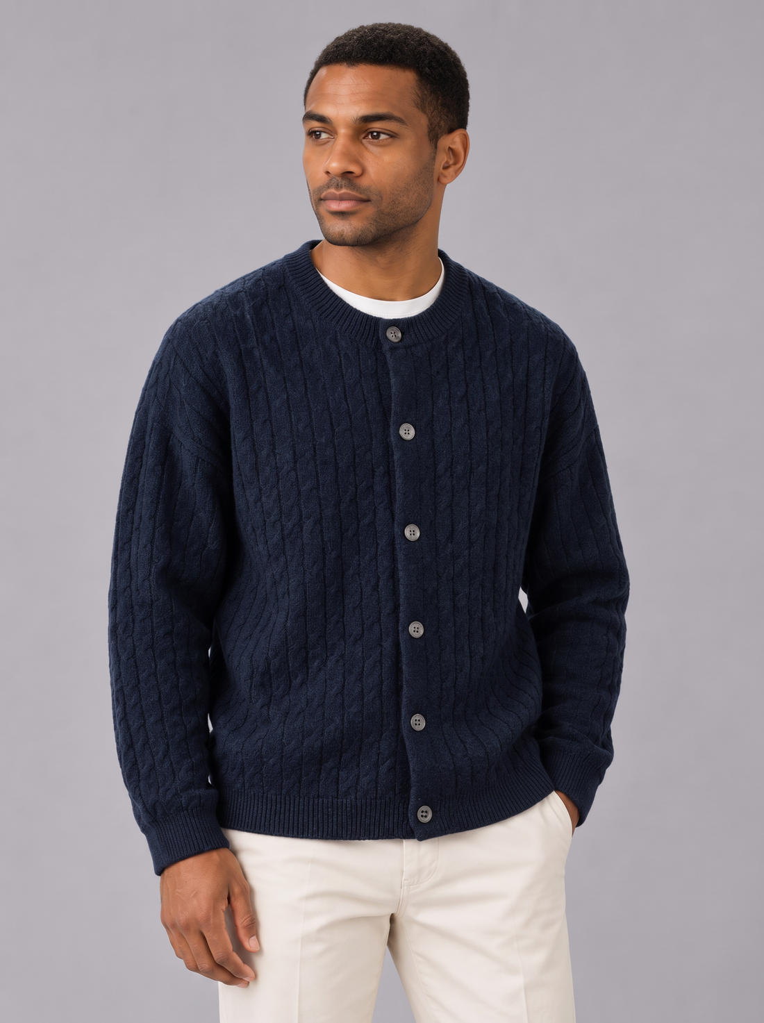 Men's Cable Knit Cardigan in Navy