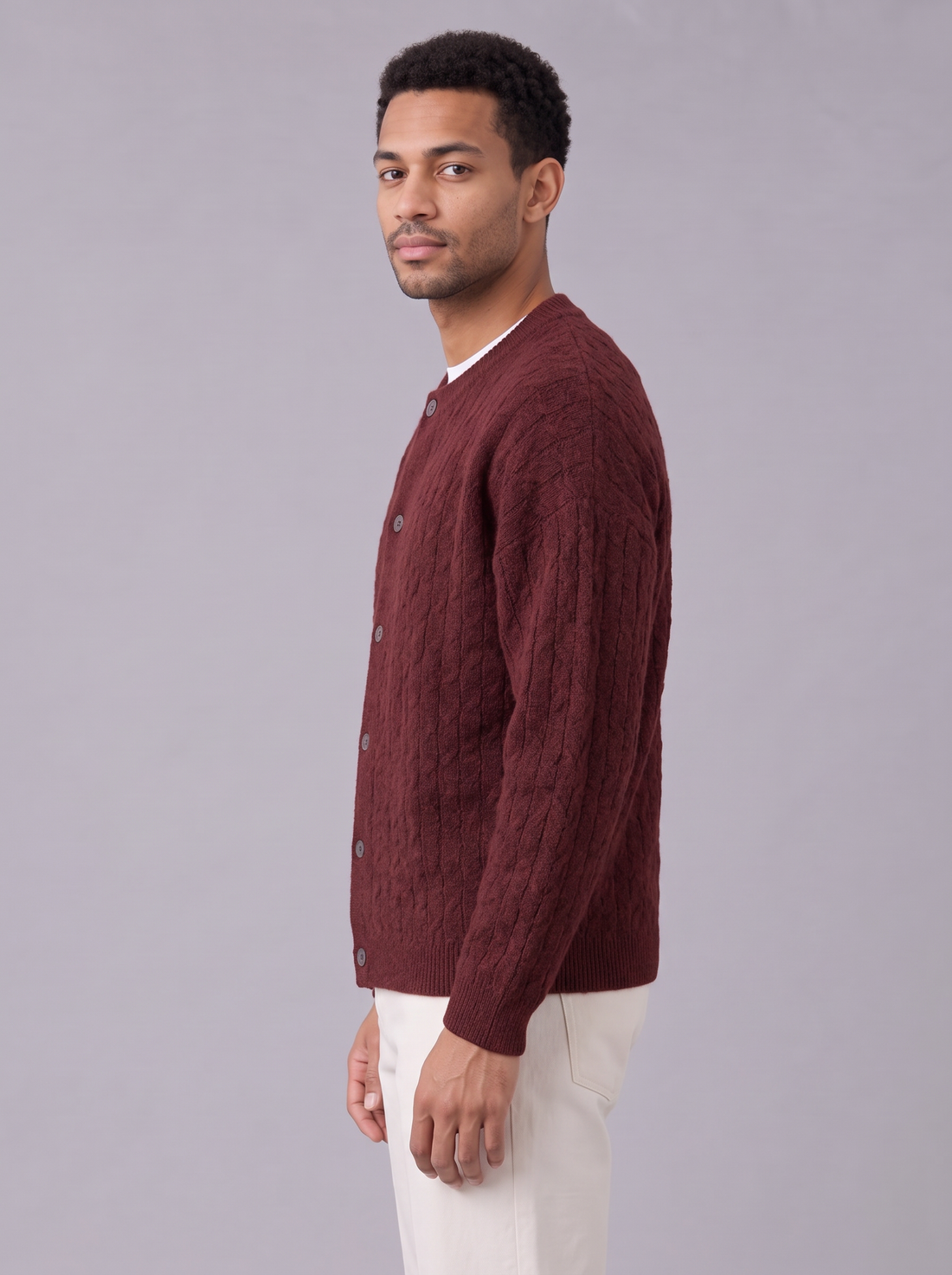Men's Cable Knit Cardigan in Red – front view
