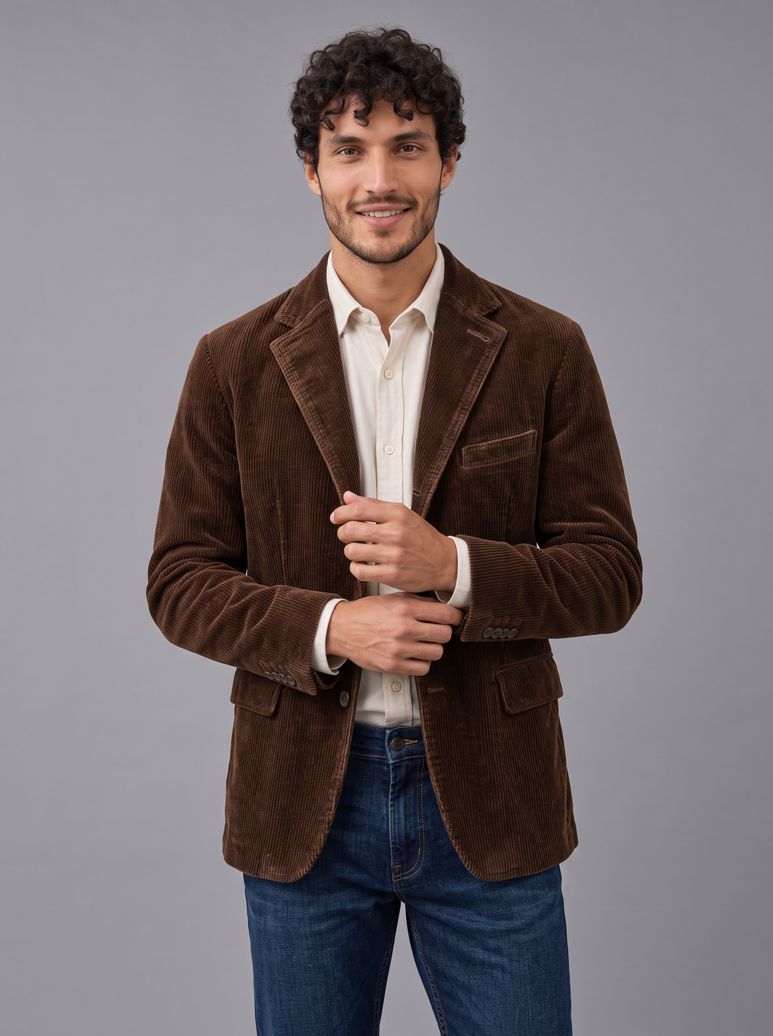 Man wearing brown corduroy blazer-style jacket