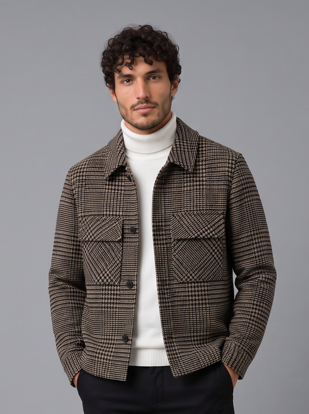 Man wearing camel brown houndstooth check overshirt jacket