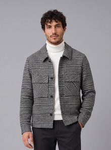 Man wearing grey houndstooth check wool-blend overshirt jacket with flap chest pockets, front view