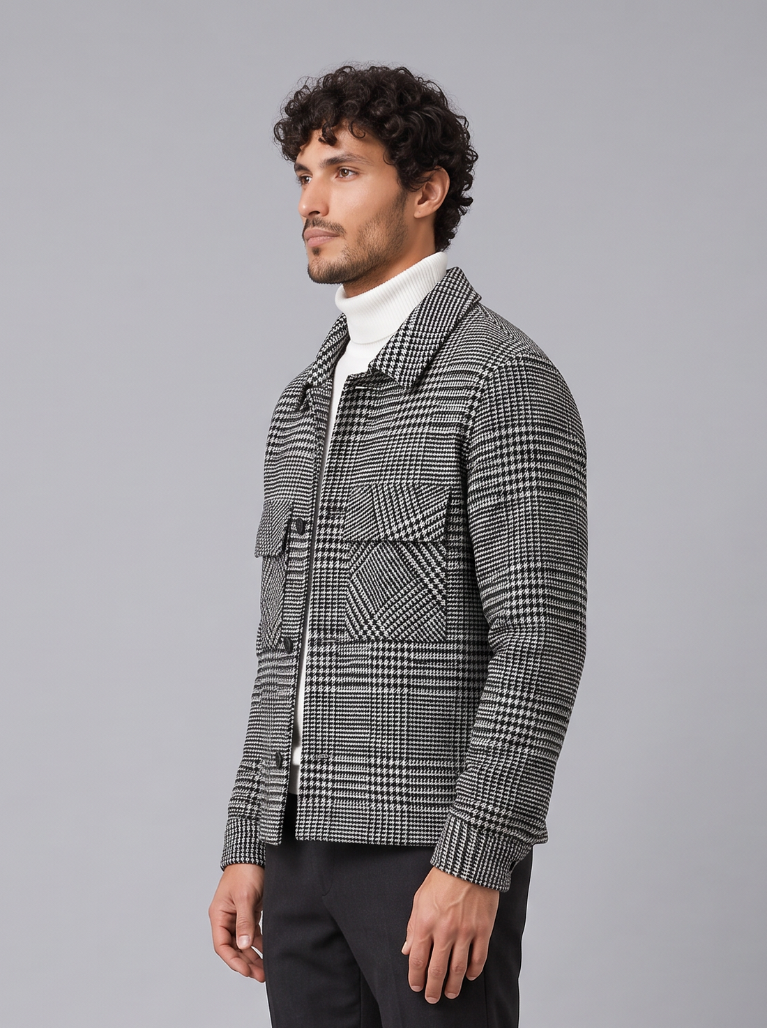 Grey houndstooth check overshirt jacket, side view