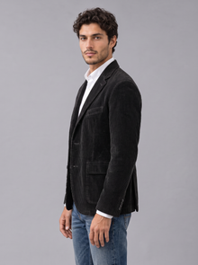 Black corduroy blazer-style jacket, side view