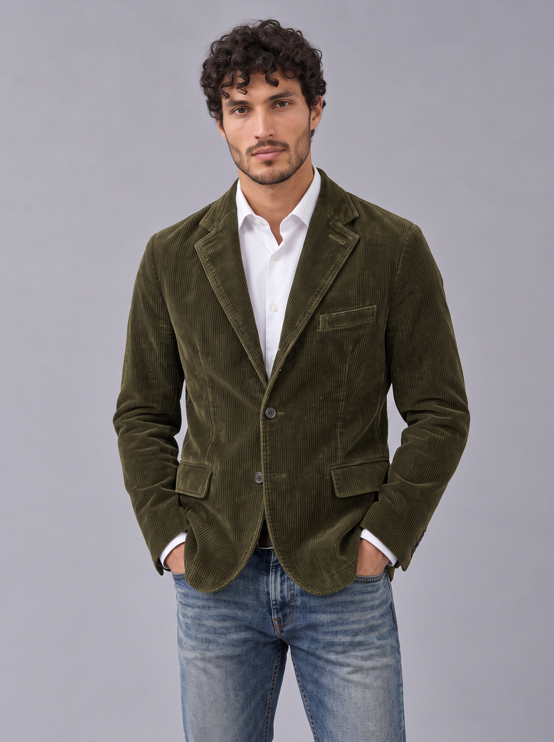 Man wearing army green corduroy blazer-style jacket