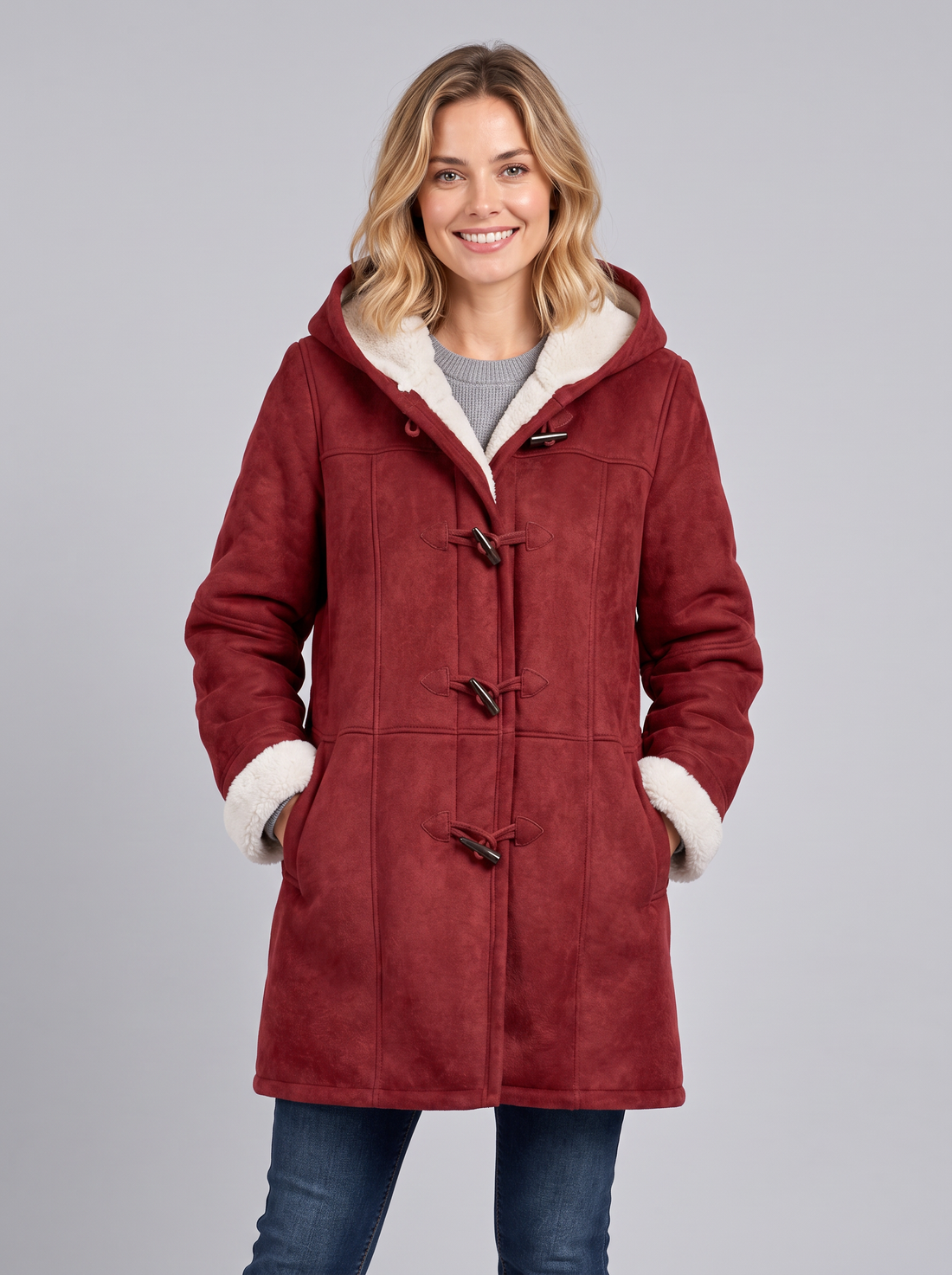 Woman wearing a red hooded duffle coat with toggle fastening and sherpa-lined hood, front view