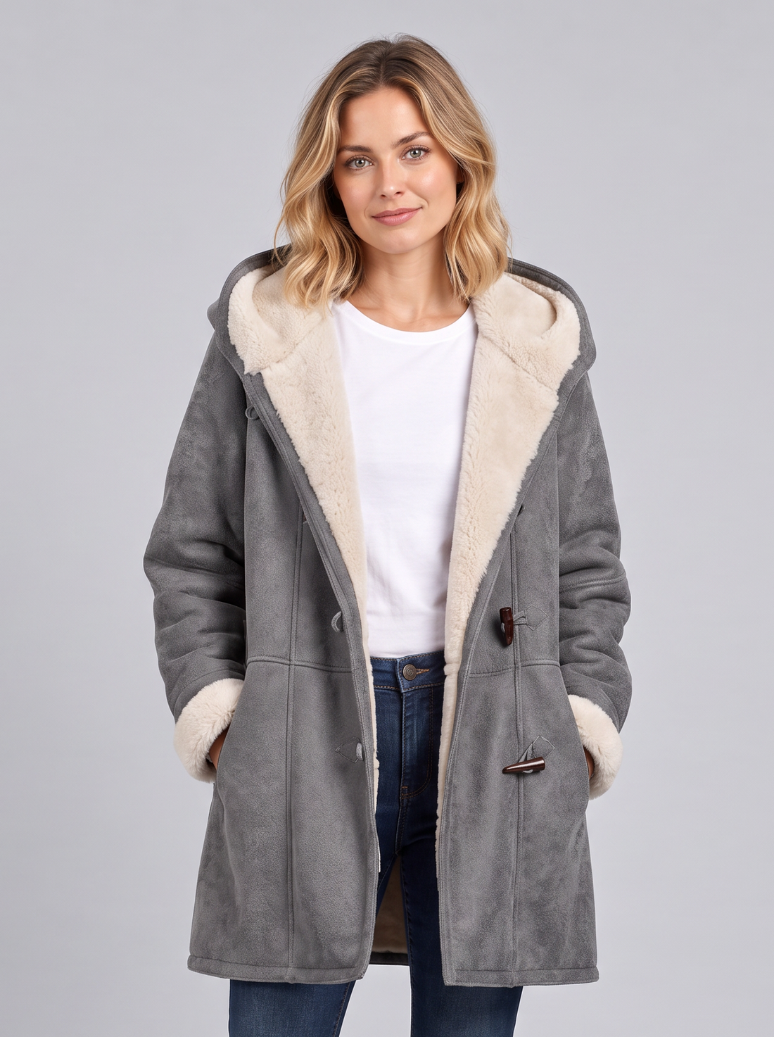 Woman wearing a grey hooded duffle coat with sherpa-lined hood and toggle fastening