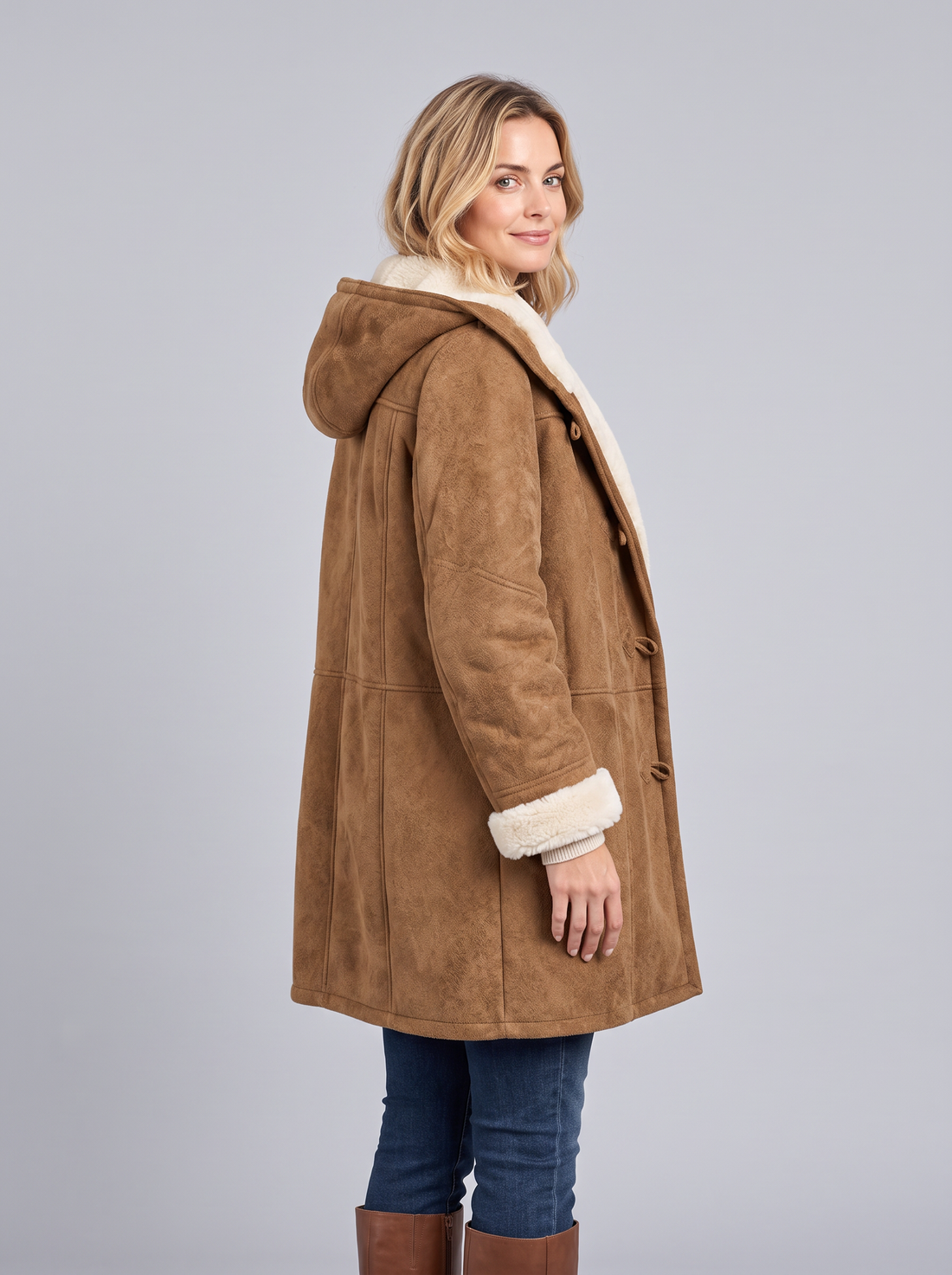 Woman wearing a camel brown hooded duffle coat with hood up and sherpa lining