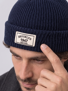 Men's Fisherman Beanie – rib knit, cuff and patch close-up