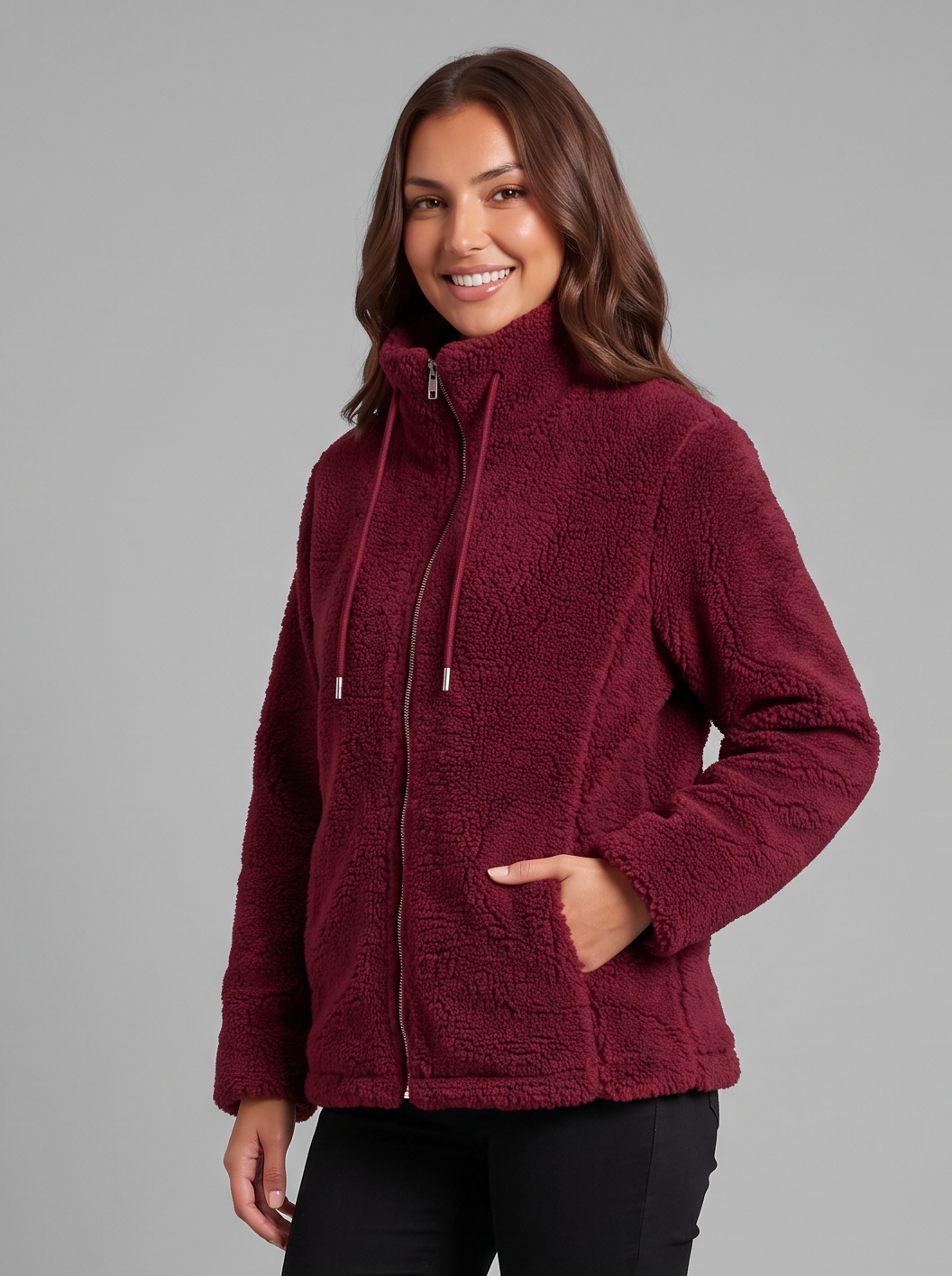 Wine red teddy fleece zip jacket worn with red snow boots