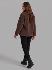 Back view of a dark brown teddy fleece zip jacket