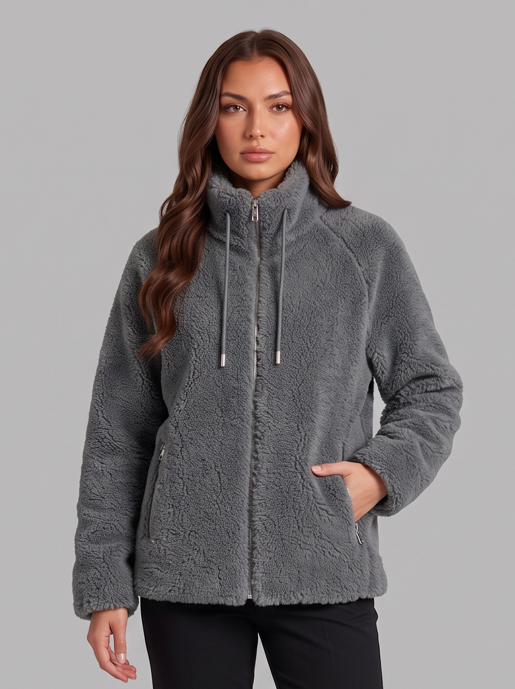 Grey teddy fleece zip jacket worn with black snow boots