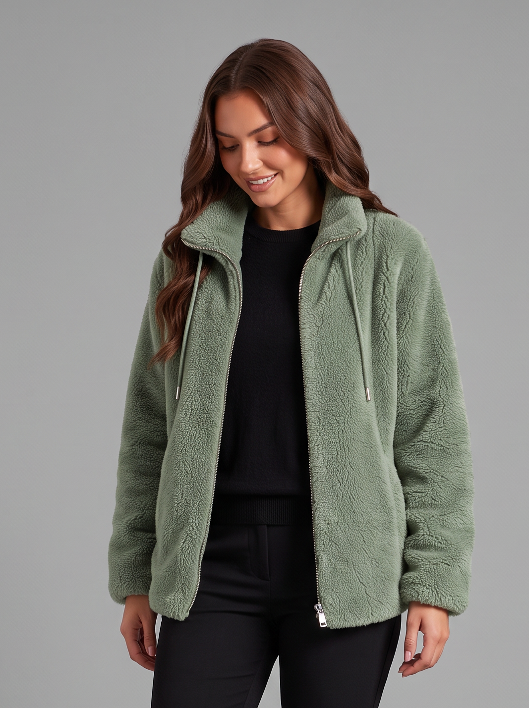 Green teddy fleece zip jacket worn with black snow boots