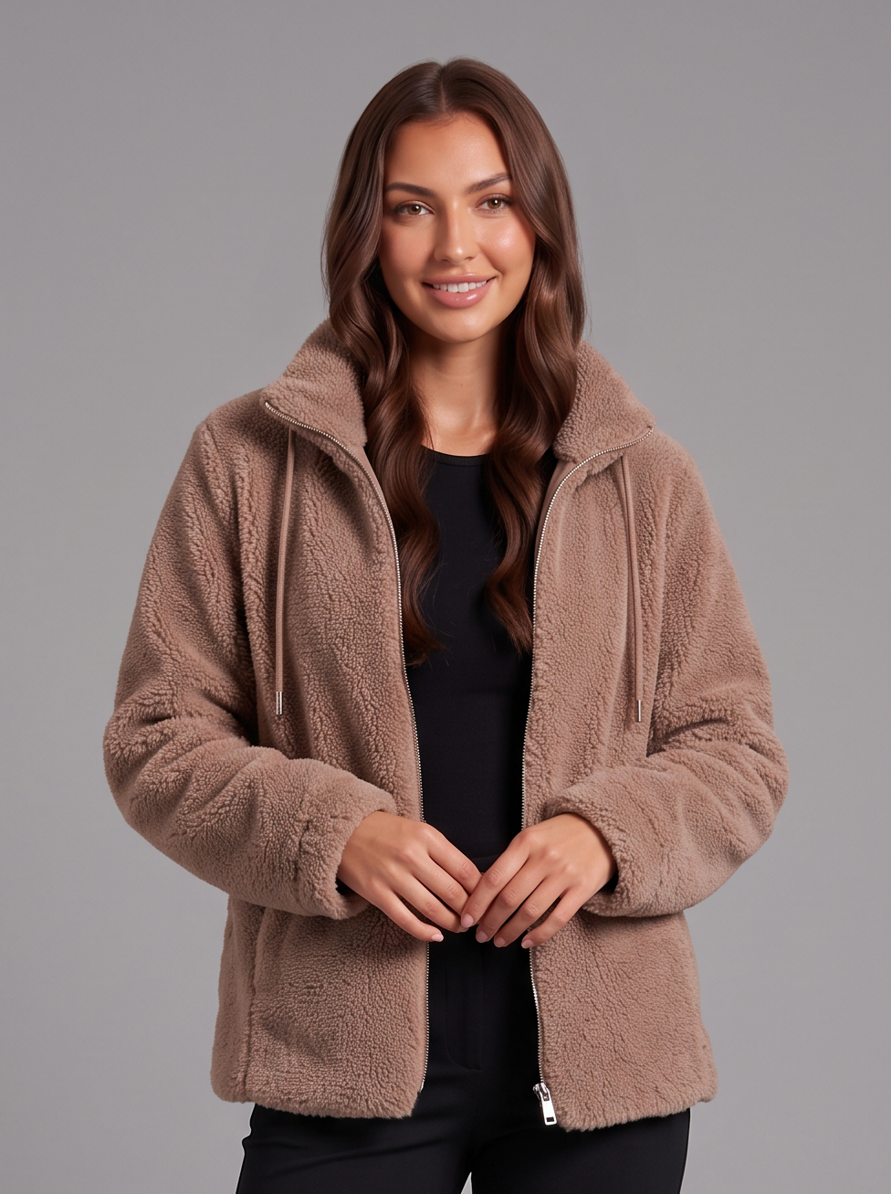 Light brown teddy fleece zip jacket worn with black snow boots